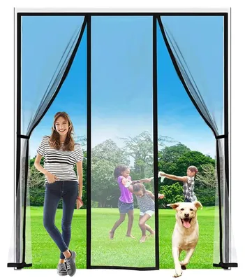 Productafbeelding van Vliegenhor voor balkondeur, geen boren nodig, insectenbescherming met schuifdeur, eenvoudige montage, twee openingen (95x250 cm, zwart)