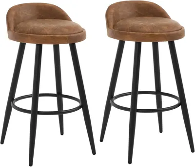Two brown bar stools with black legs are shown against a white background.