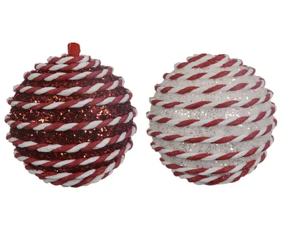 Produktbild von Weihnachtskugeln Kunststoff mit Streifen 8cm rot / weiß, 12er Set