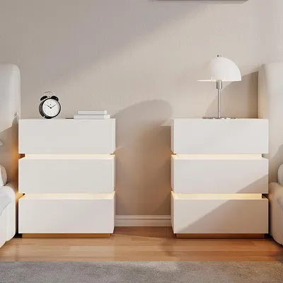 Produktbild von Nachttisch 2er Set mit kabelloser Ladestation, LED Smart Nachtschrank mit Schubladen & USB-Anschlüssen, Modernes Nachtkästchen mit LED-Beleuchtung für Schlafzimmer (Led Weiß 3 Schubladen)
