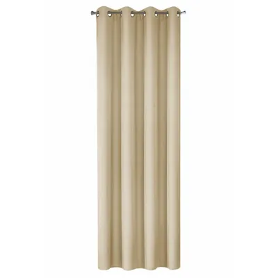A single beige curtain hanging from a curtain rod.