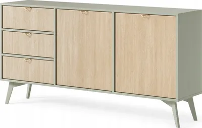 Produktbild von Sideboard mit 2 Türen WOOD - Kommode mit 3 Schubladen - Holzbeinen, Modern Design - Gold Aluminium Griffen - Hellgrün