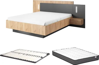 Produktbild von Bett mit Nachttischen 140 x 190 cm - 2 Schubladen - Mit LED-Beleuchtung - Farben: Natur und Anthrazit + Bettgestell + Matratze - FRANCOLI
