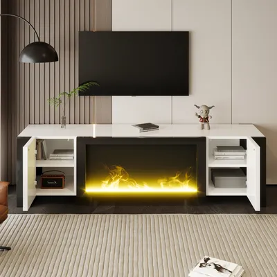 A modern TV stand with an integrated electric fireplace, set in a living room.