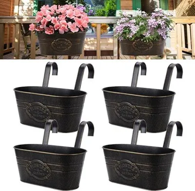 Produktbild von 4 Stück Blumentopf Hängend aus Metall, Groß Blumentöpfe zum Aufhängen Metall, Blumentöpfe zum Aufhängen Outdoor für Balkon Zaun, Garten Dekor