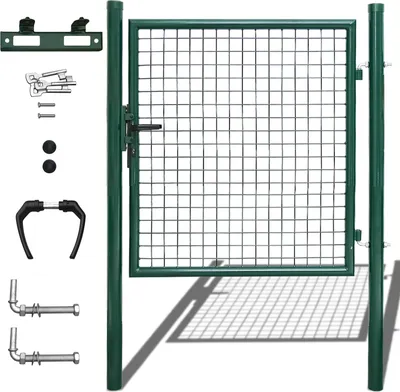 A green metal garden gate with its hardware components laid out next to it on a white background.