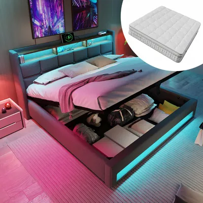 Produktbild von Polsterbett mit USB 140x200cm,LED Doppelbett mit Lattenrost aus Metallrahmen,Bettgestell aus Leinenmaterial Jugendbett (Mit Matratze)