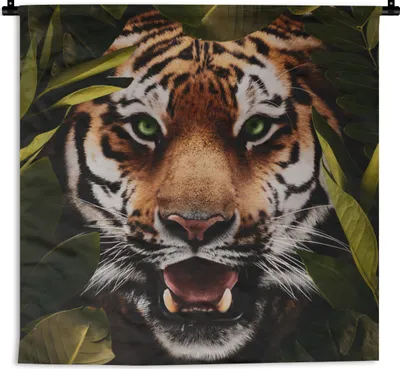 Produktbild von MuchoWow® Wandteppich Wandbehang Tiger - Blätter - Tiere 150x150 cm Tapisserie Dekoration Wandtuch - Wohnaccessoires - Modernes