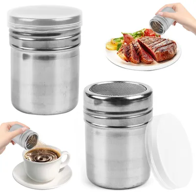 Produktbild von 2 Stück Edelstahl Streuer mit Frischhaltedeckel für Puderzucker, Kakao, Kaffee, Schokolade, Zucker, Salz