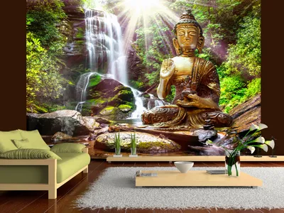 Produktbild von Vlies Fototapete 400x280 cm Tapeten Wandtapete XXL Natur Buddha Wald Wasserfall Asia h-C-0033-a-b