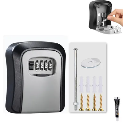 Imagen del producto de Caja fuerte con combinación numérica – Código de 4 dígitos – Caja para llaves para exteriores – Resistente a la intemperie – Incluye tornillos y adhesivo – 11,7 x 9,7 x 4 cm – Gris