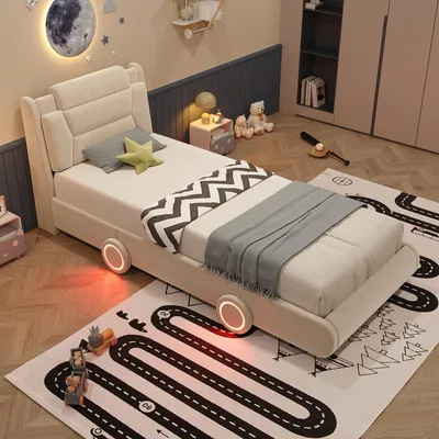 Image de Lit Flieks, dimensions 90 x 200 cm, avec tête de lit réglable en hauteur (2 positions), lit auto avec éclairage intégré, lit pour enfant avec dossier, couleur beige, revêtement velours