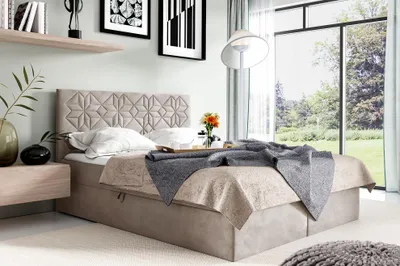 Produktbild von MEBLINI Boxspringbett mit Bettkasten - Gepolstert Doppelbett mit Matratze und Topper - Polsterbett mit Stauraum - Bett mit Kopfteil - Stauraumbett - BORGIO - 200x200 - H4/Dunkelbeige Samt