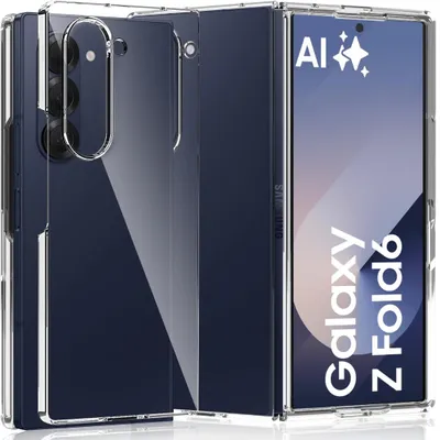 A clear protective case for a Samsung Galaxy Z Fold 6 5G phone, shown from the back and front.