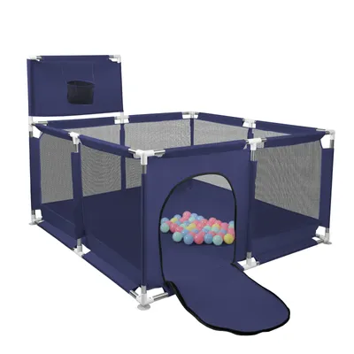 Image de Parc pour bébé 126*126cm Barrière de sécurité avec 50 balles, panier de basket, base antidérapante bleu