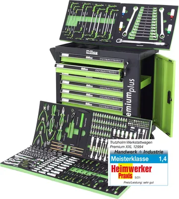 Produktbild von Werkstattwagen Premium plus bestückt 254tlg. 7 Schubladen Chrom Vanadium Werkzeug  abschließbar grün