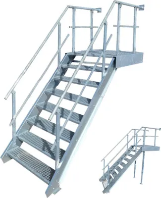 A metal staircase with a platform and railings, shown against a white background. A smaller, similar staircase is visible in the lower right corner.
