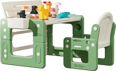 Immagine prodotto di Tavolo da disegno e sedia per bambini, con elementi da costruzione, tavolo attività per bambini piccoli, regolabile in altezza, set di mobili multifunzionali per bambini