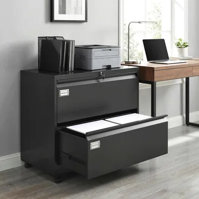 Produktbild von Rollcontainer abschließbar, Bürocontainer mit 2 Schubladen, Stahl, Schwarz | 90 x 40 x 77,4 cm | Hängeregistratur verstellbar | 21 kg