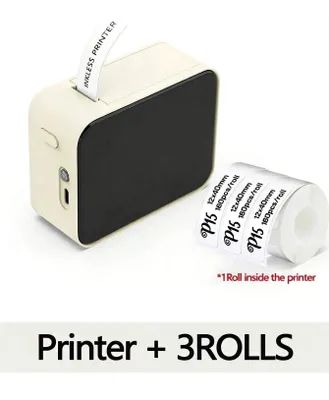 Produktbild von Mobiler Bluetooth-Etikettendrucker, Mini-Thermodrucker, selbstklebende Etiketten, App-Steuerung - Weiß mit 3 Rollen