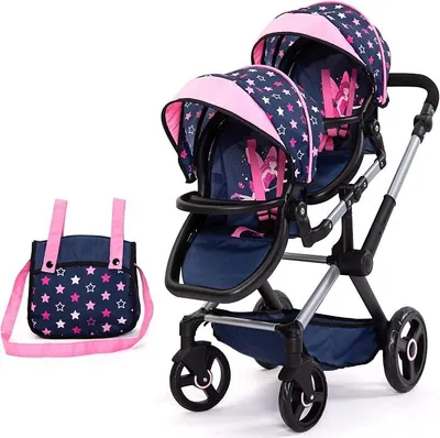 Imagen del producto de Cochecito para gemelos Twin XEO, con bolso y toldo, en azul, rosa y con motivos de estrellas