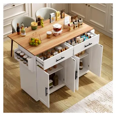 Produktbild von Servierwagen mit klappbarer Platte und austauschbaren Füßen – Küchenwagen in Weiß, 120 cm, Rollen oder 4 Massivholzbeine, 2 Schubladen und Türen – mobile Kücheninsel für das Esszimmer, europäisches Design, MDF