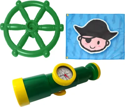 Produktbild von Wippchen-Shop Spielturmzubehör 3in1 SET Teleskop mit Kompass+ Fahne Pirat+ Schiffrad Spielhaus Spielturm Grün
