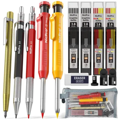 Produktbild von Tischler Bleistifte Set, 5 Zimmermannsbleistifte mit 72 Minen, Druckbleistifte mit Spitzer, für Holzbearbeitung, Baustelle