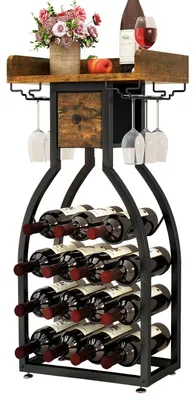 Weinregal für 15 Flaschen, braun, mit Glashaltern und Schublade