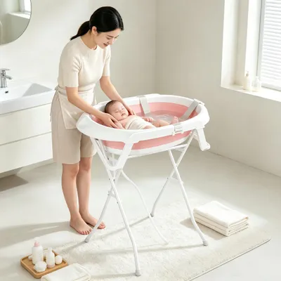 Produktbild von Babybadewanne mit Ständer,Faltbar Badewanne Baby für Baby 0-12 Jahre und Neue Mutter,Neugeborene Babybadewanne 66x61x82cm Rosa