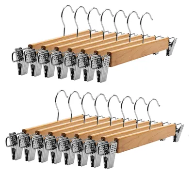 Produktbild von 15 Stück Holz Hosenbügel mit rutschfesten verstellbaren Clips und drehbarem Haken, für Hosen, Röcke, Socken und Unterwäsche, 35,5 cm