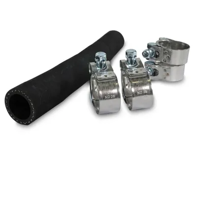 A black hose and three metal hose clamps are arranged on a white background.