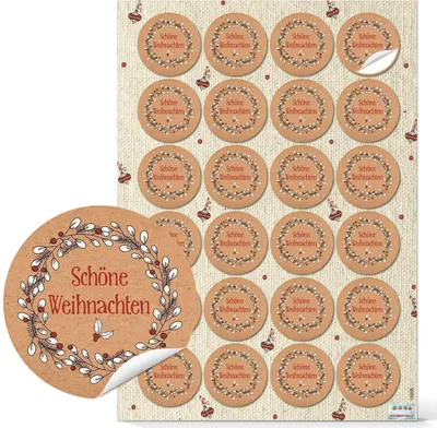 Produktbild von Logbuch-Verlag 24 kleine runde Weihnachtsetiketten zum Aufkleben auf Weihnachten Geschenke Sticker für die Weihnachtsverpackung Etiketten Verpackung Kraftpapier24 Aufkleber / 1 Bogen