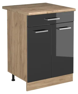 Produktbild von Küchenunterschrank Vicco R-Line Anthrazit Hochglanz/Goldkraft Eiche 60 cm mit Schublade Arbeitsplatte Goldkraft Eiche, Model 61190