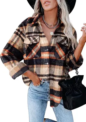 Produktbild von ASKSA Damen Bluse Kariert Hemdjacke Knöpfe Langarm Strickjacke Jacke Freizeithemd, Khaki, S