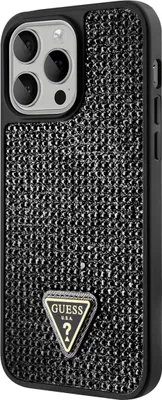 A black iPhone 15 Pro case with rhinestones and a Guess logo.