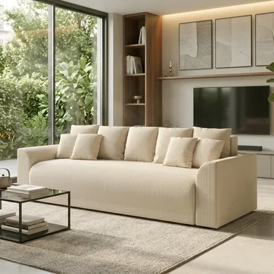 Produktbild von SUGIFT Cord-Bezug, Schlafsofa 3-Sitzer mit Bettkasten, Stauraum-Sofa Schlaffunktion, Beige | inkl. Kissen | 90% Polyester | 230 x 95 x 73 cm