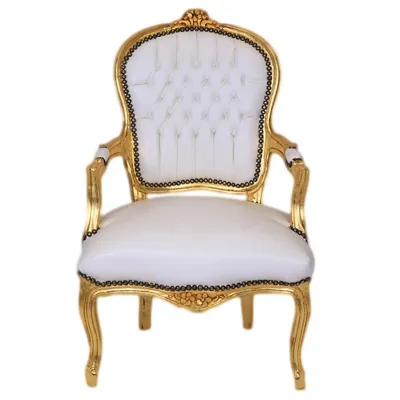 Produktbild von Barockstuhl Barock Stuhl Salon Salonstuhl Armlehne Weiß Gold Kunstleder Esszimmer Wohnzimmer Büro Flur Schminkstuhl Klassisch Premium Luxus Modern