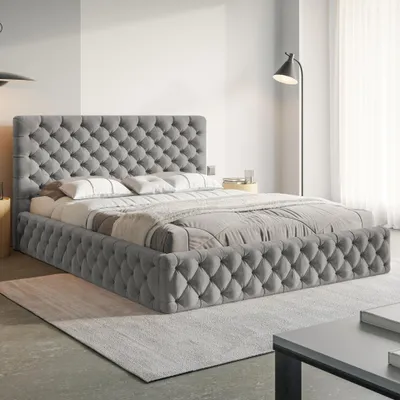 Produktbild von MOTIVENA Dalia Chesterfield Polsterbett 180x200 mit Bettkasten, Holz Lattenrost, Bett 180x200 Grau Samt (Jasmine 90)
