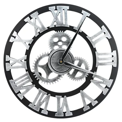 Image de Horloge murale argentée en bois style rétro chiffres romains mécanisme silencieux 40,6 cm