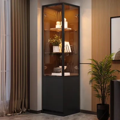 Produktbild von Merax Eckvitrine Vitrinenschrank mit LED-Beleuchtung, App-Steuerung, Hochschrank mit Glastüren, Standvitrine mit Aluminiumrahmen, Glasböden, Schwarz