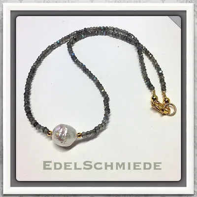 Produktbild von Edelschmiede925 Labradorit Kette + Perle 925 vergoldet 43 cm