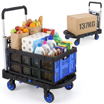 Obrázek produktu pro Platformový vozík – skládací vozík 2 v 1 – nosnost 137 kg – odnímatelný nákupní košík – otočná kola o 360° – výškově nastavitelná rukojeť – modrá barva