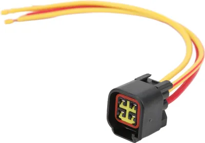 A close-up studio shot of a starter relay wiring harness connector with wires.