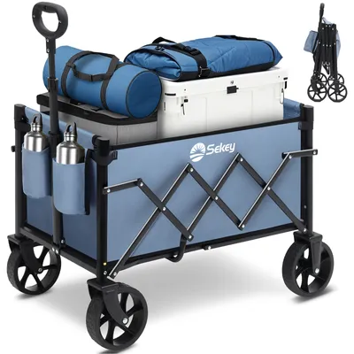 A blue folding wagon filled with camping gear, including bags and a cooler, is shown against a light gray background. A smaller, folded version of the wagon is visible in the upper right corner.