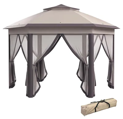Produktbild von Pavillon 4x4m Wasserdicht Pop-up sechseckiger Faltpavillon. Doppeldach. Gartenpavillon mit 6 Seitenteilen. Partyzelt inkl. Tragetasche. fš¹r Garten. Terrasse. Festival. Kaffee+Beige