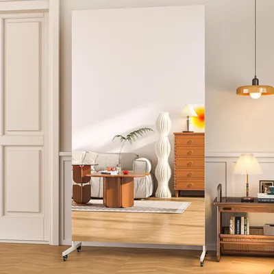 Immagine prodotto di Specchio a figura intera, dimensioni 200 x 100 cm, girevole a 360°, con rotelle, vetro temperato, colore bianco