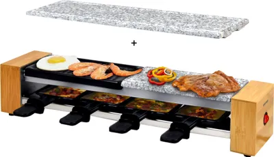 A raclette grill with food items on it, and a separate granite grill plate shown above.