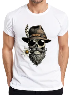 Immagine prodotto di Teschio, barba, edelweiss, cappello tradizionale, , pantaloni di pelle, abito tradizionale da donna, maglietta da uomo, bianca, taglia XXL