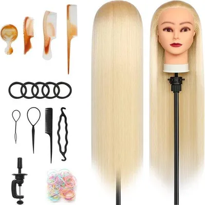 Obrázek produktu pro Tréninková hlava pro kadeřníky – cvičná hlava – pro trénink úprav vlasů – syntetické vlasy – délka 70 cm – blond